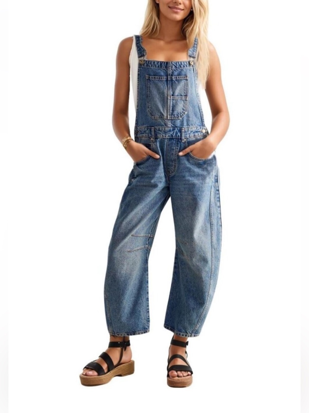 Stylish Women's Denim Bib Overalls, Barrel Leg Jumpsuit with Adjustable Straps